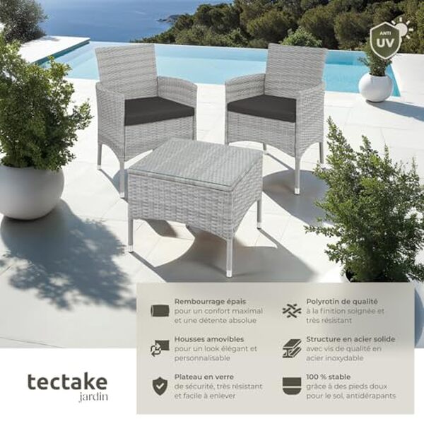 Découvrez notre avis complet sur le salon de jardin 2 places TecTake en poly rotin : design, confort et durabilité au rendez-vous pour embellir votre extérieur.