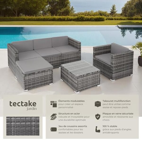 Découvrez notre avis sur le salon de jardin modulable TecTake en poly rotin : design, confort et résistance au rendez-vous pour embellir votre espace extérieur.