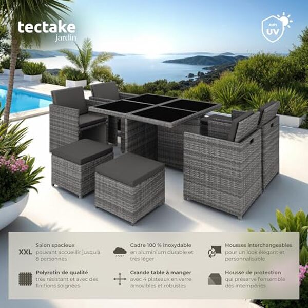 Découvrez notre avis détaillé sur le salon de jardin TecTake en polyrotin : design, confort et capacité pour accueillir 8 personnes. Parfait pour vos soirées estivales en extérieur  !