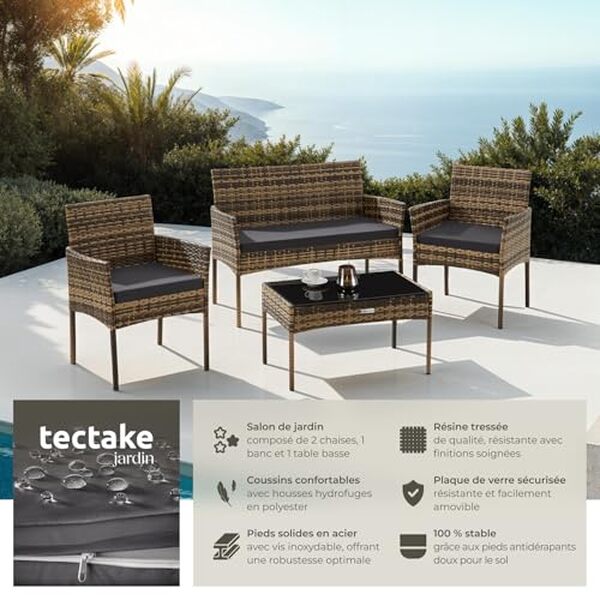 Découvrez notre test détaillé de l'élégant salon de jardin TecTake en résine tressée, ensemble complet, pour un espace extérieur chic et durable.