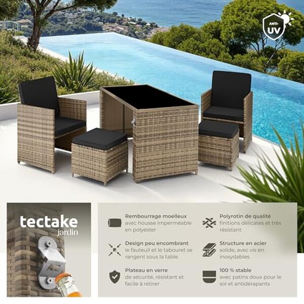Découvrez notre test complet du salon de jardin TecTake en rotin 4 places : design, confort et durabilité au rendez-vous pour aménager votre espace extérieur avec style.